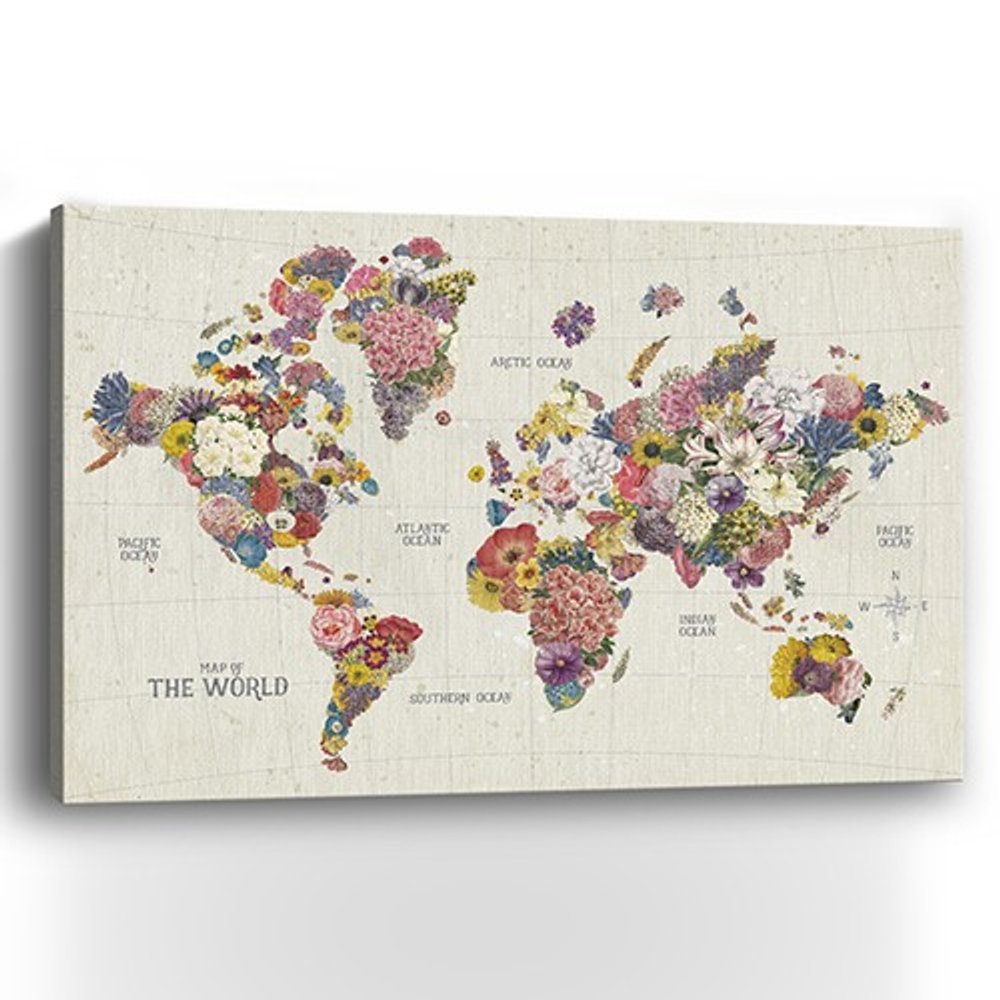 24" x 16" Fun Floral Map of the World Canvas Wall Art — view 3