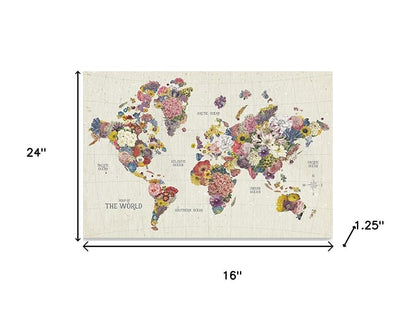 24" x 16" Fun Floral Map of the World Canvas Wall Art HomeRoots