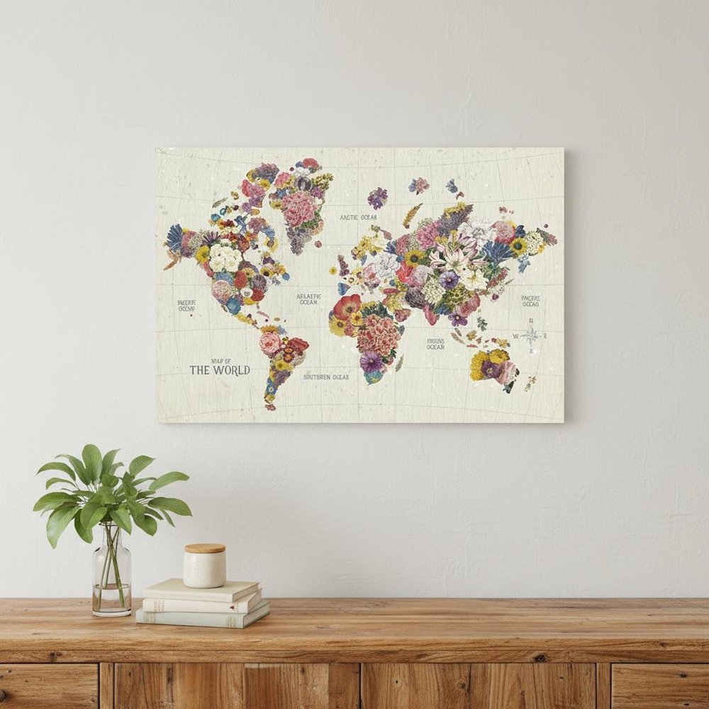 24" x 16" Fun Floral Map of the World Canvas Wall Art — view 1