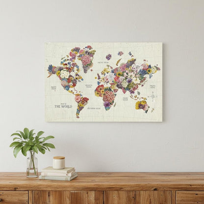24" x 16" Fun Floral Map of the World Canvas Wall Art HomeRoots