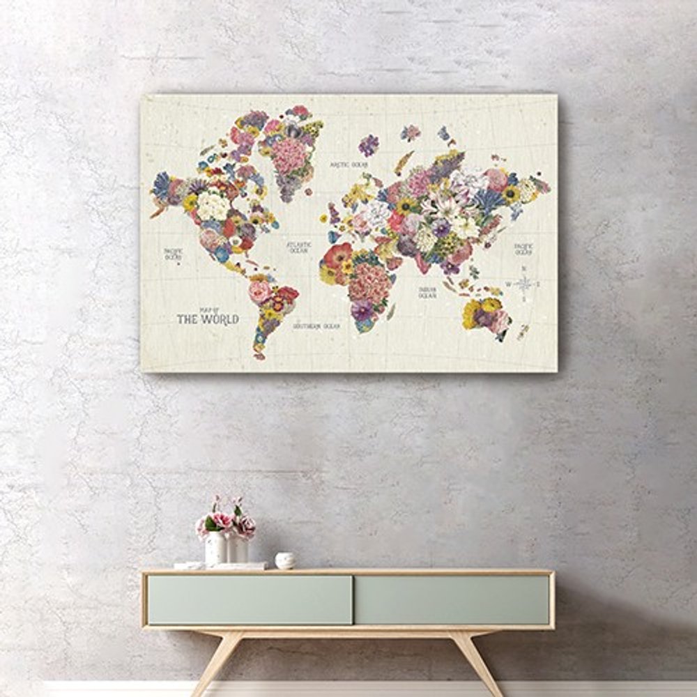 24" x 16" Fun Floral Map of the World Canvas Wall Art HomeRoots
