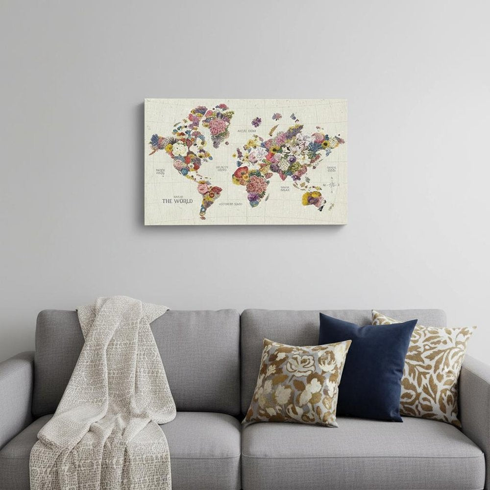 24" x 16" Fun Floral Map of the World Canvas Wall Art HomeRoots