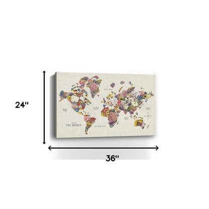 24" x 16" Fun Floral Map of the World Canvas Wall Art HomeRoots