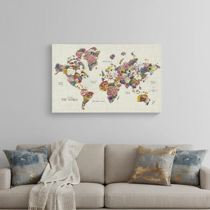 24" x 16" Fun Floral Map of the World Canvas Wall Art HomeRoots