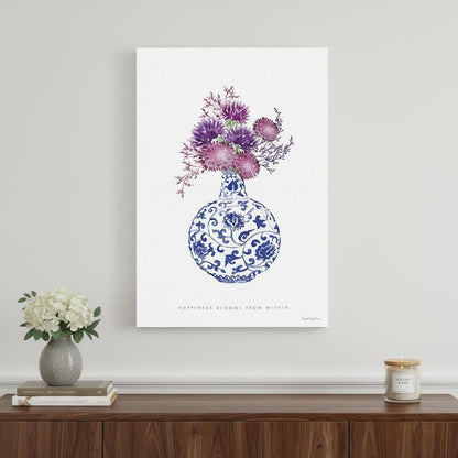 24" x 16" Blue and White Happiness Floral Vase Canvas Wall Art HomeRoots