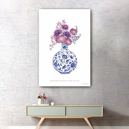 24" x 16" Blue and White Happiness Floral Vase Canvas Wall Art HomeRoots