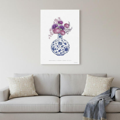 24" x 16" Blue and White Happiness Floral Vase Canvas Wall Art HomeRoots