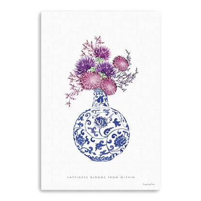 24" x 16" Blue and White Happiness Floral Vase Canvas Wall Art HomeRoots