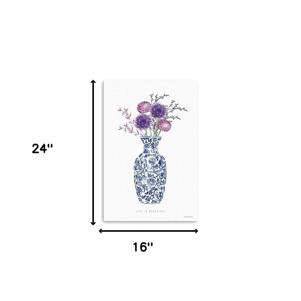 24" x 16" Blue and White Life Floral Vase Canvas Wall Art HomeRoots