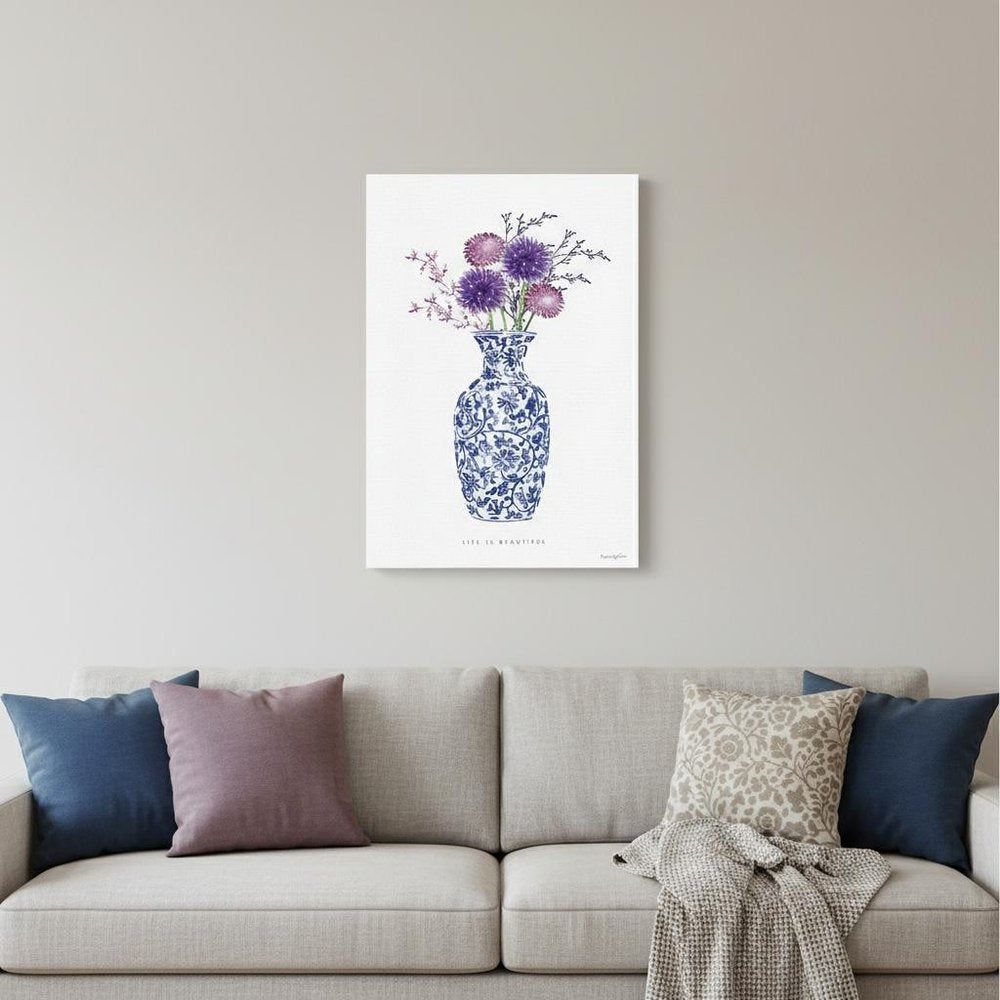 24" x 16" Blue and White Life Floral Vase Canvas Wall Art HomeRoots