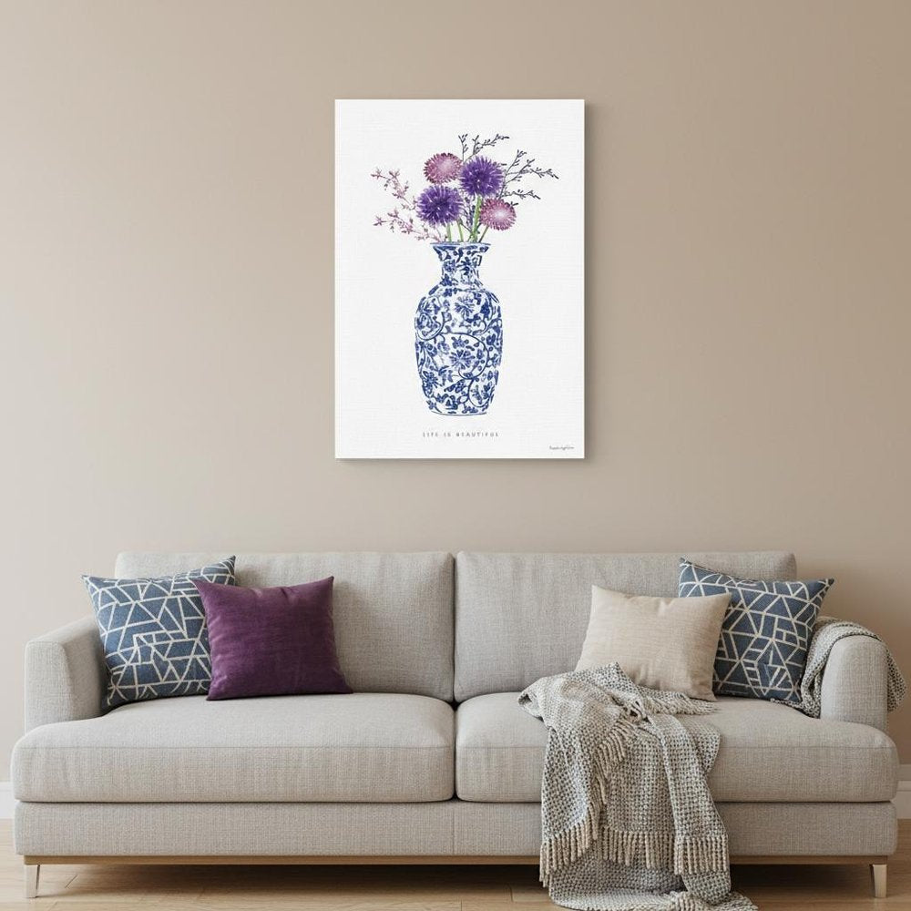 24" x 16" Blue and White Life Floral Vase Canvas Wall Art HomeRoots
