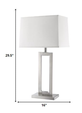 30" Silver Metal Table Lamp With White Rectangular Shade