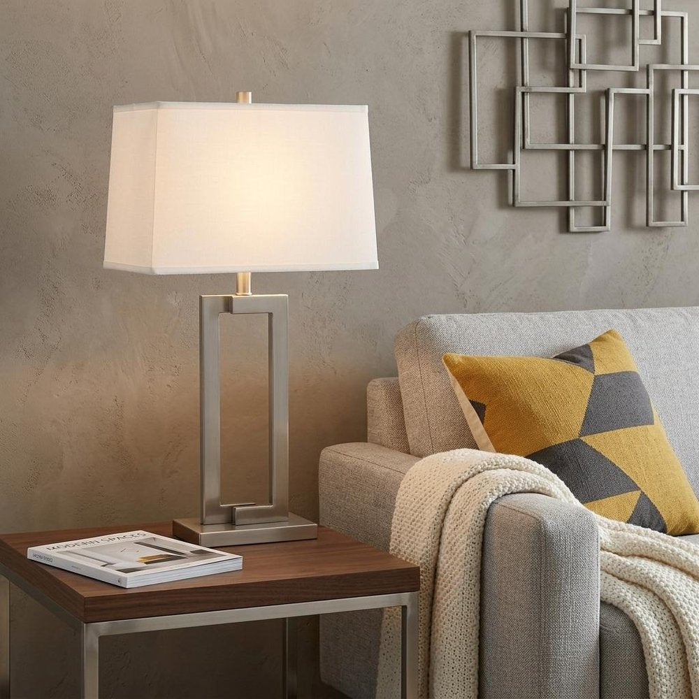 30" Silver Metal Table Lamp With White Rectangular Shade HomeRoots