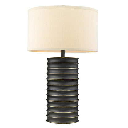 29" Black Metal Column Lamp With Off White Drum Shade