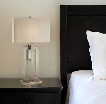 36" Nickel Iron Geometric Table Lamp With Ivory Shade HomeRoots