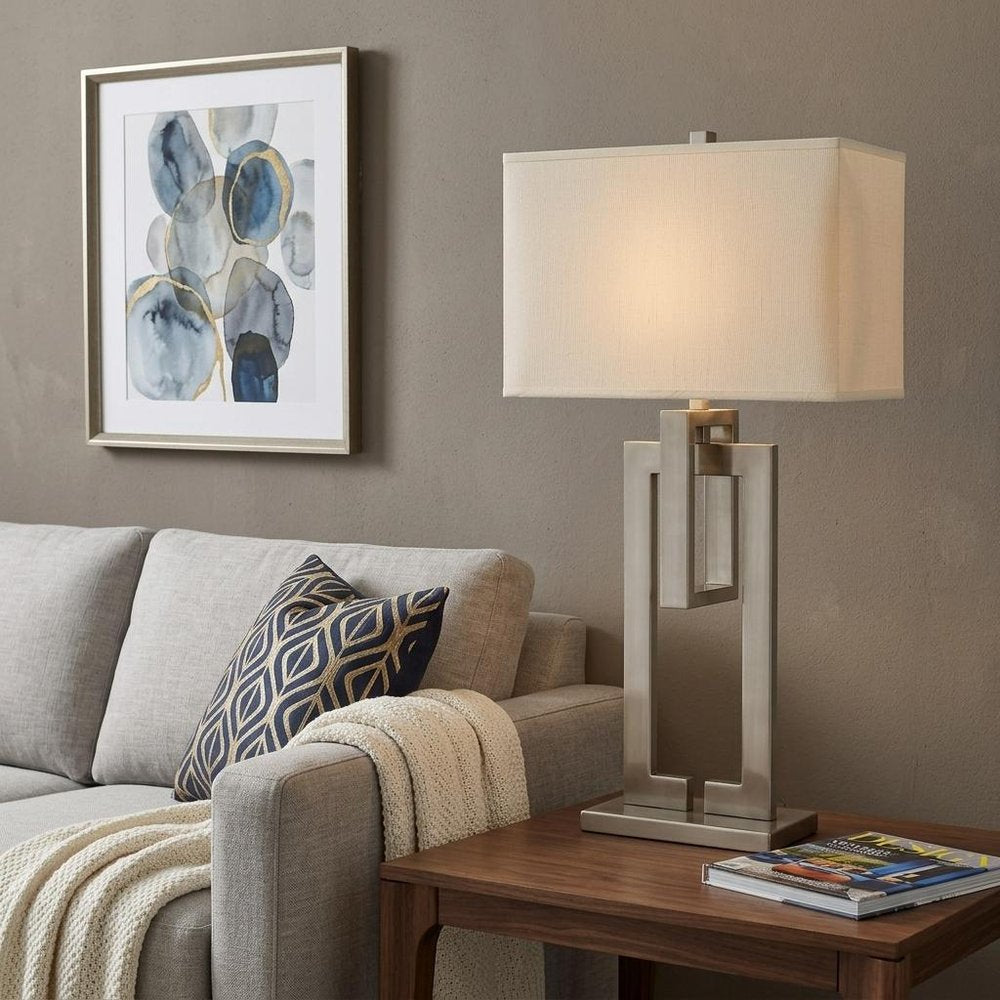 36" Nickel Iron Geometric Table Lamp With Ivory Shade — view 6