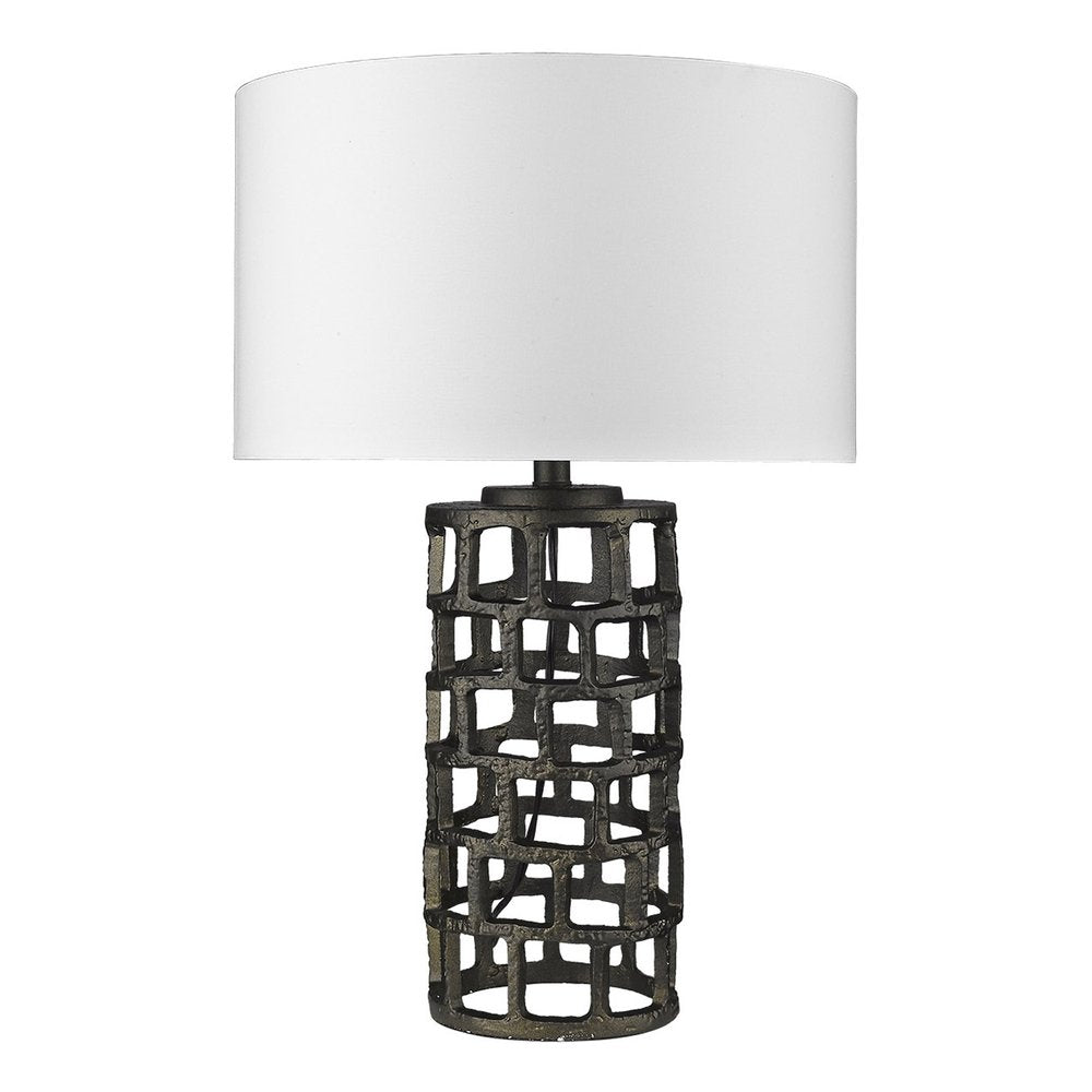 26" Black Metal Column Table Lamp With White Drum Shade — view 1