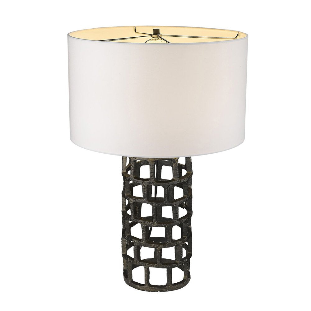 26" Black Metal Column Table Lamp With White Drum Shade — view 3