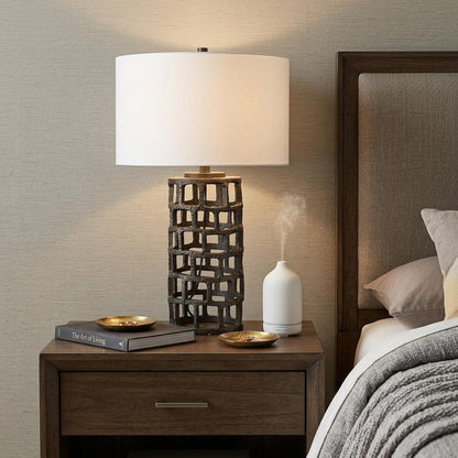 26" Black Metal Column Table Lamp With White Drum Shade HomeRoots