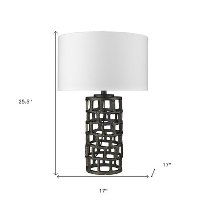 26" Black Metal Column Table Lamp With White Drum Shade HomeRoots