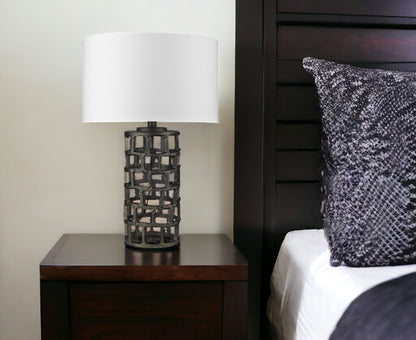 26" Black Metal Column Table Lamp With White Drum Shade