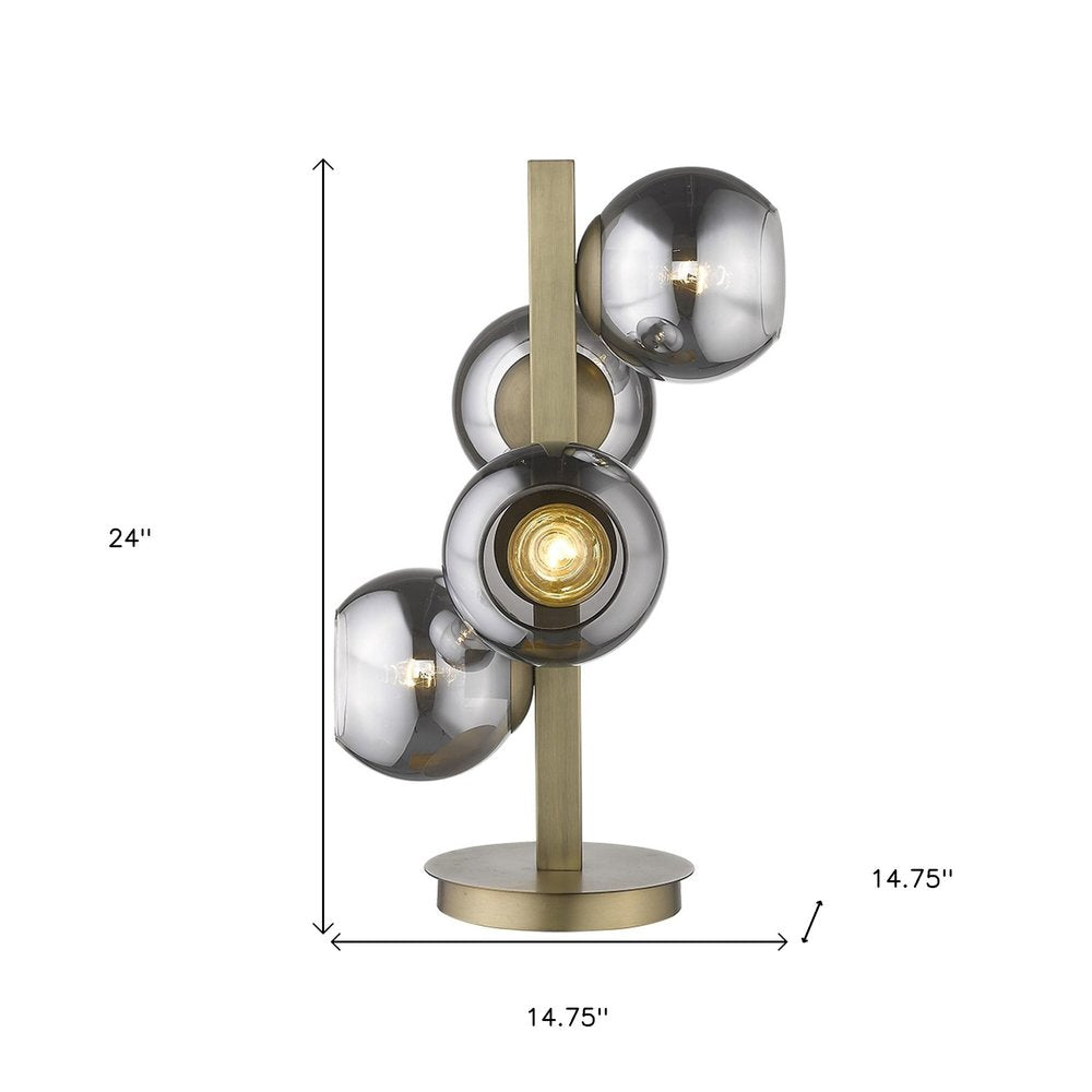 24" Brass Metal Four Light Novelty Table Lamp With Silver Metallic Globe Shades HomeRoots