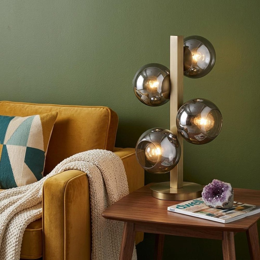 24" Brass Metal Four Light Novelty Table Lamp With Silver Metallic Globe Shades HomeRoots