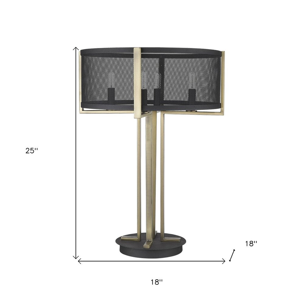 25" Brass Metal Four Light Geometric Table Lamp With Black Drum Shade HomeRoots