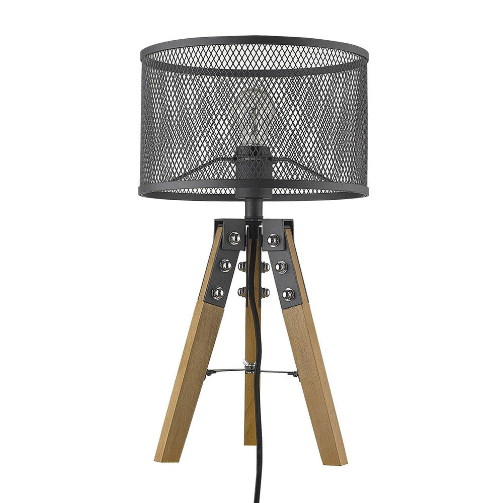 20" Brown Solid Wood Tripod Table Lamp With Black Drum Shade HomeRoots
