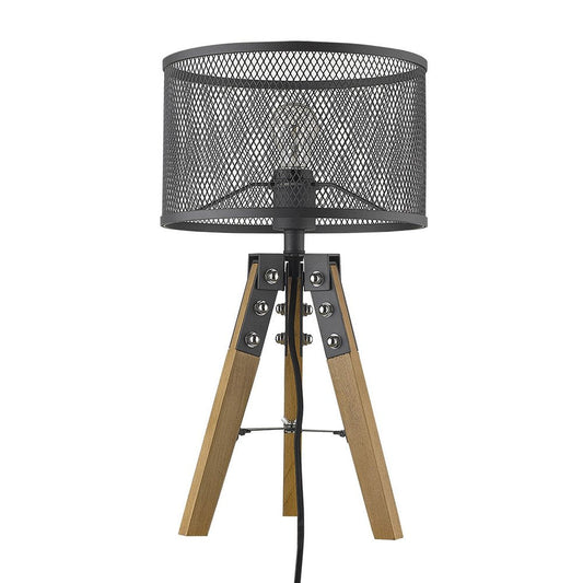 20" Brown Solid Wood Tripod Table Lamp With Black Drum Shade HomeRoots
