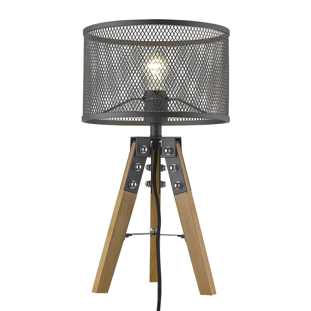 20" Brown Solid Wood Tripod Table Lamp With Black Drum Shade HomeRoots