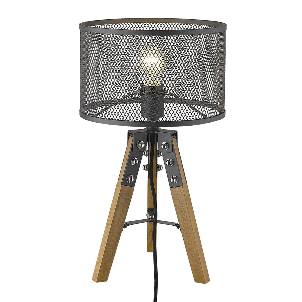 20" Brown Solid Wood Tripod Table Lamp With Black Drum Shade HomeRoots