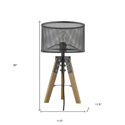 20" Brown Solid Wood Tripod Table Lamp With Black Drum Shade HomeRoots