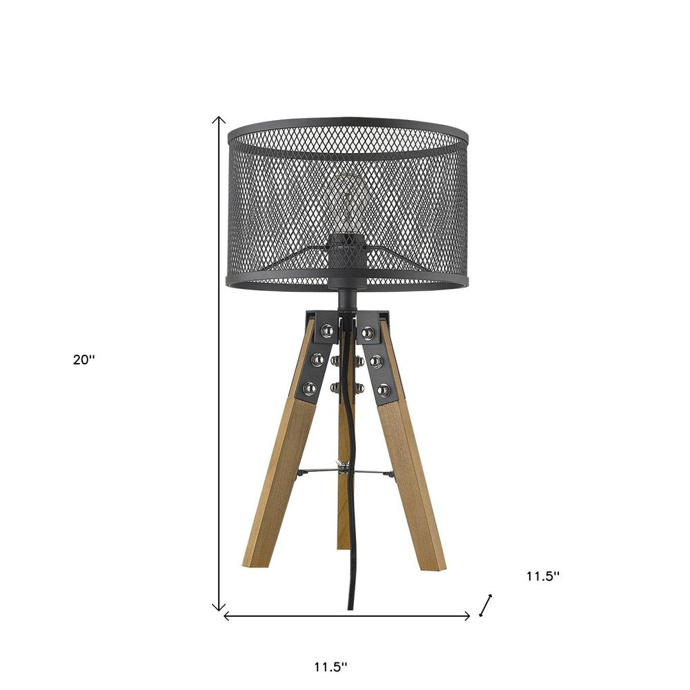 20" Brown Solid Wood Tripod Table Lamp With Black Drum Shade HomeRoots