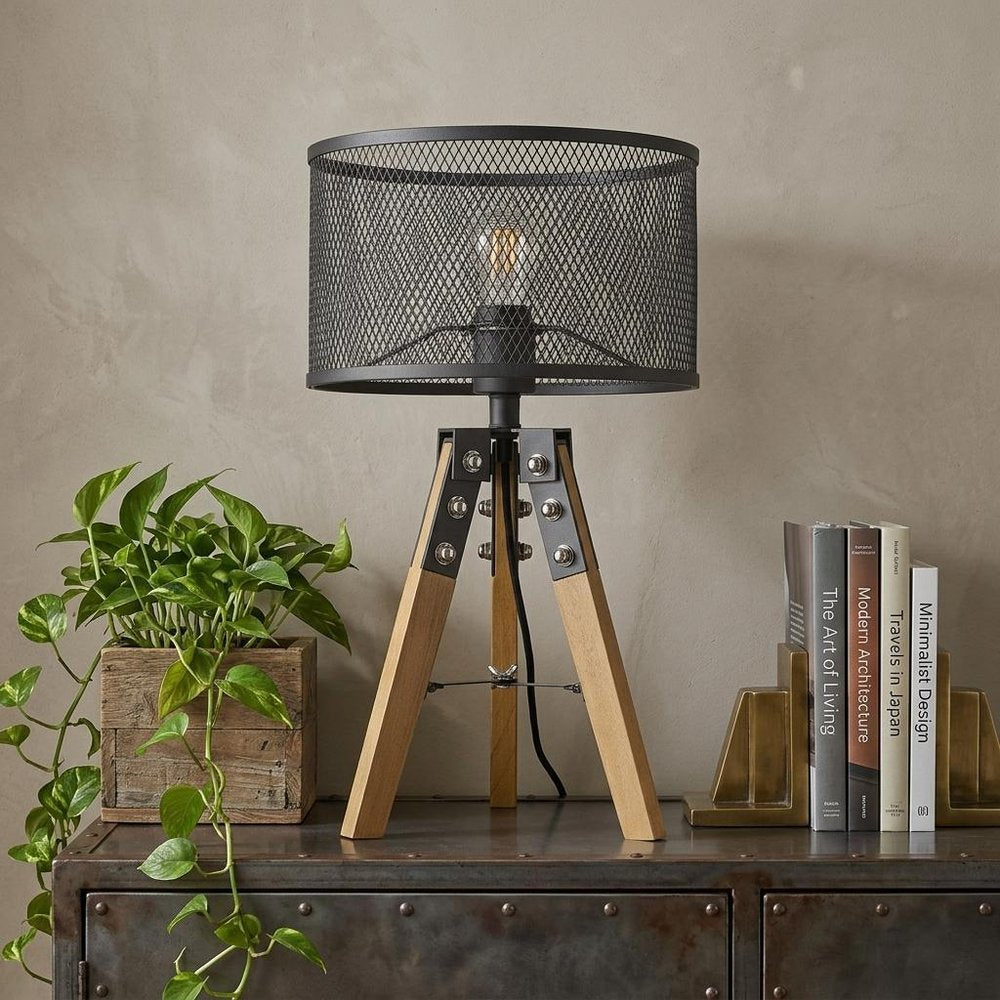 20" Brown Solid Wood Tripod Table Lamp With Black Drum Shade HomeRoots