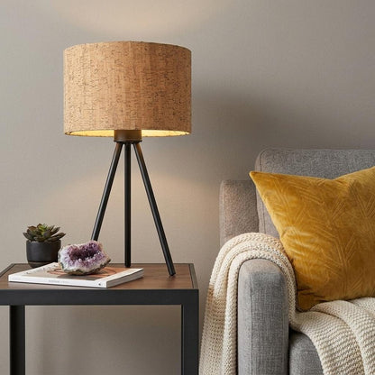 22" Black Metal Tripod Table Lamp With Beige Drum Shade HomeRoots