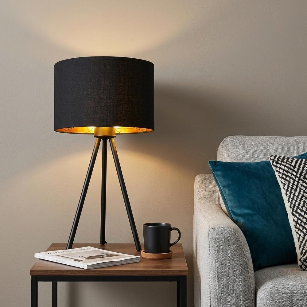 22" Black Metal Tripod Table Lamp With Black Drum Shade HomeRoots