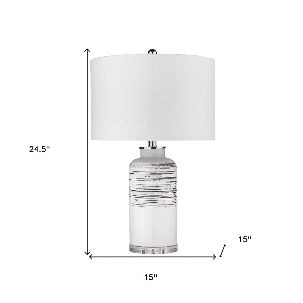25" Black and White Ceramic Column Lamp With White Drum Shade HomeRoots