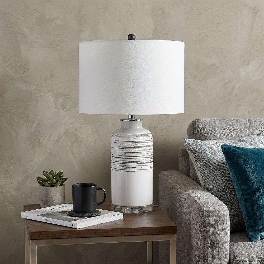 25" Black and White Ceramic Column Lamp With White Drum Shade HomeRoots