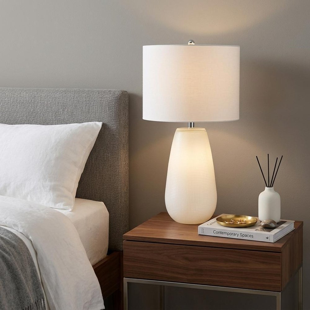 28" White Glass Table Lamp With White Drum Shade HomeRoots