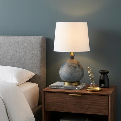 22" Teal Blue Concrete Gourd Table Lamp With Cream Empire Shade HomeRoots
