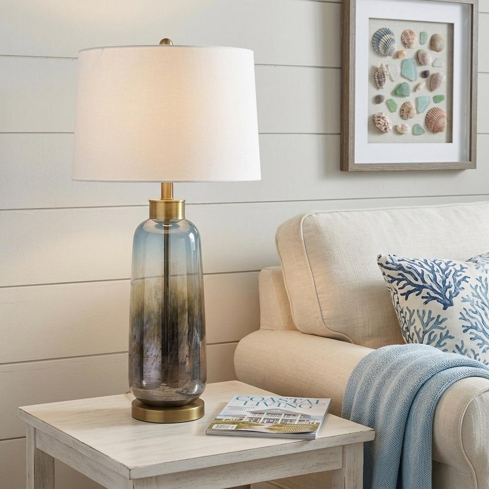31" Steel Blue Glass Table Lamp With White Empire Shade HomeRoots