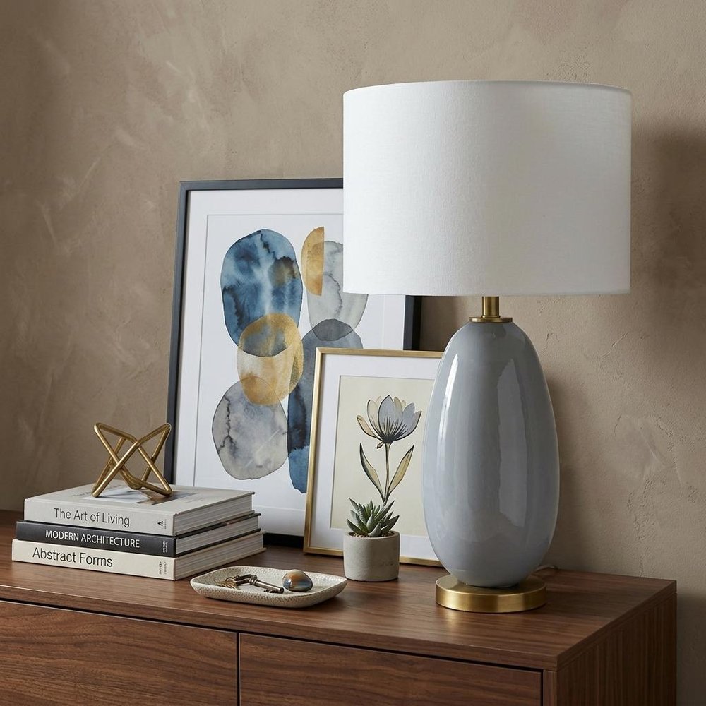 29" Light Gray Glass Table Lamp With White Drum Shade HomeRoots