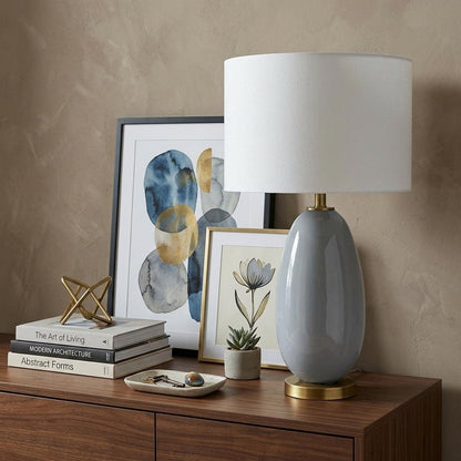 29" Light Gray Glass Table Lamp With White Drum Shade HomeRoots