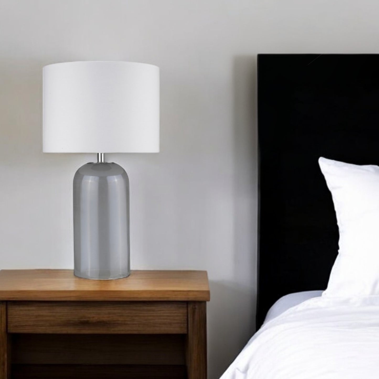 30" Gray Glass Column Table Lamp With White Drum Shade