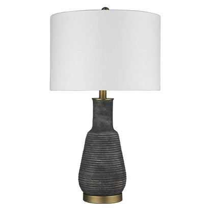 26" Distressed Black and Gold Ceramic Table Lamp With White Drum Shade HomeRoots