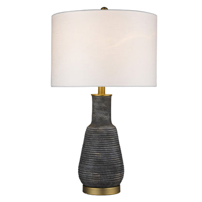 26" Gray and Gold Ceramic Column Lamp With White Drum Shade