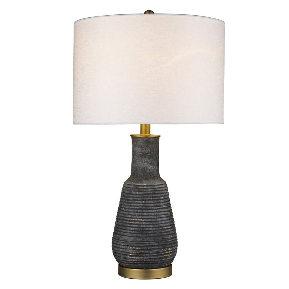 26" Distressed Black and Gold Ceramic Table Lamp With White Drum Shade HomeRoots