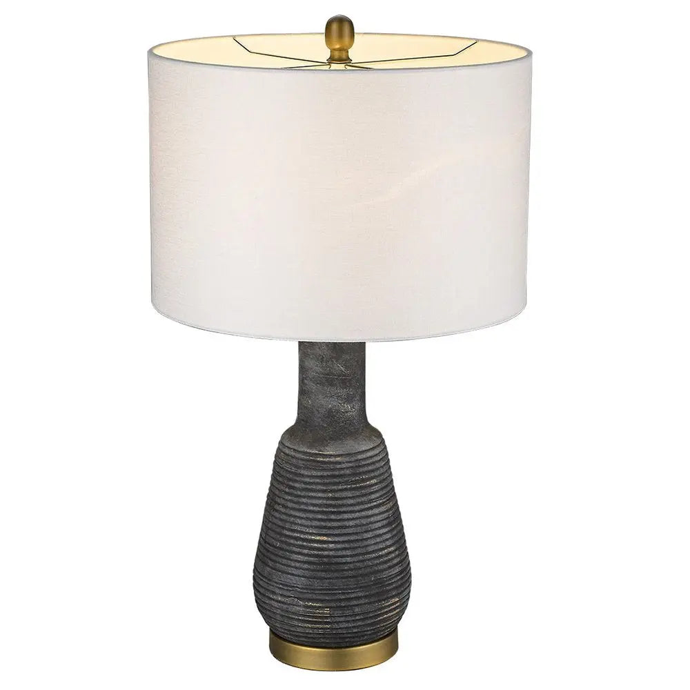 26" Distressed Black and Gold Ceramic Table Lamp With White Drum Shade HomeRoots