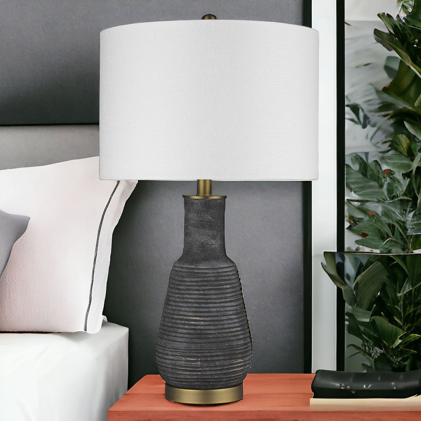 26" Gray and Gold Ceramic Column Lamp With White Drum Shade